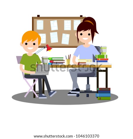 Cartoon flat illustration - the modern learning process. young boy student in school with a laptop. a woman at the table talking to a man. books and pens. the communion of two friends.
