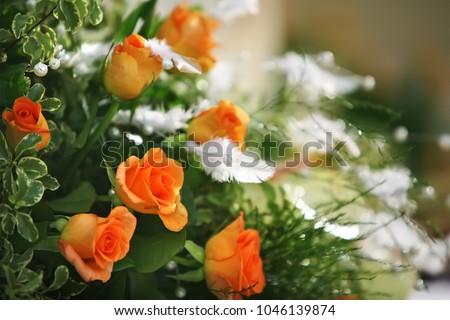 A bouquet of roses with small white flowers angular composition