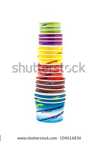 Colorful ice-cream  paper cup piled on white background