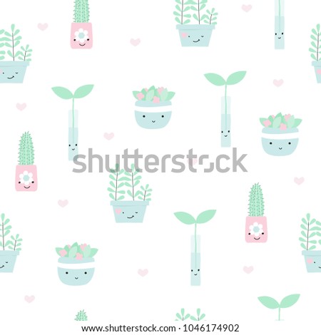 Seamless pattern with house plants in pots. Vector hand drawn illustration.