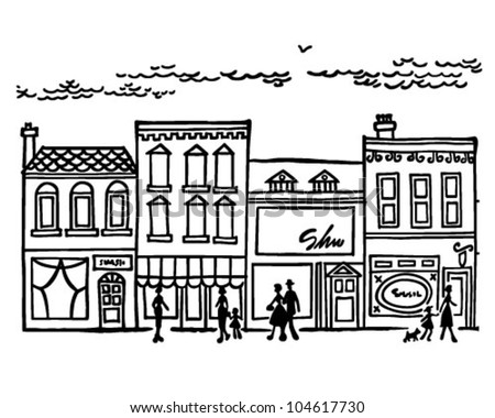 Small Town Main Street - Retro Clipart Illustration