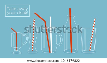 Vector illustration set of glasses and bottles for drinks. Jars, cups and glasses with drinking straws. Used for juice bar printables for menu design in flat style. Royalty-Free Stock Photo #1046179822
