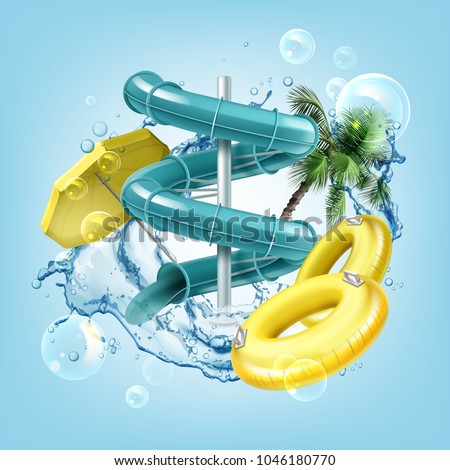 Vector illustration of 3d screw slides realistic waterpark pool aquapark aqua park splash beach umbrella bubbles and lifebuoy palm Royalty-Free Stock Photo #1046180770