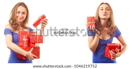 Beautiful young woman in the hands of gift boxes celebration set pattern on white background isolation