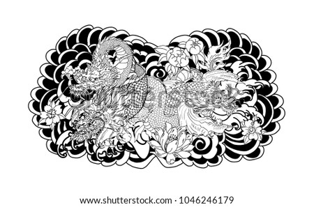 Silhouette Dragon with Koi Dragon fish and lotus flower tattoo.peach with Sakura and plum flower on cloud background.Traditional Japanese tattoo for print to t-shirt.Asian Tattoo design.