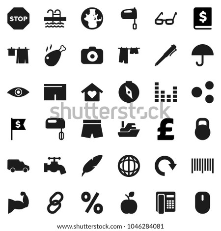Flat vector icon set - water tap vector, drying clothes, mixer, chicken leg, pen, glasses, apple fruit, compass, world, annual report, dollar flag, pound, muscule hand, shorts, pool, ship, car, link
