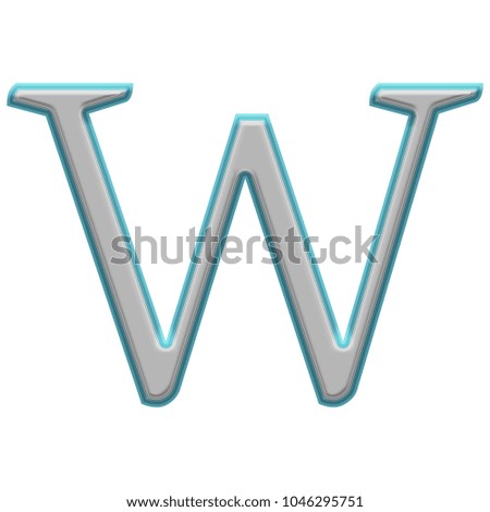 Metallic gray uppercase or capital letter W in a 3D illustration with a gray metal surface and beveled neon blue edge in a classic font isolated on a white background with clipping path.