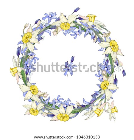 Round garland with spring flowers scilla and daffodils. Decorative saeson floral frame for festive design