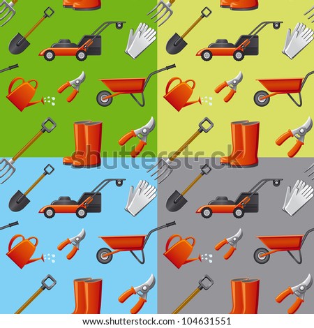 garden tools seamless pattern in four different color background