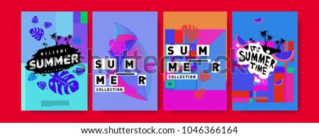 Summer holiday colorful poster set. Fashion and travel discount. Vector holiday Abstract colorful illustration with tropical and abstract elements.
