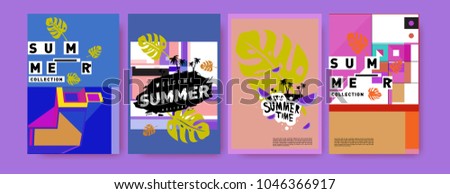 Summer holiday colorful poster set. Fashion and travel discount. Vector holiday Abstract colorful illustration with tropical and abstract elements.
