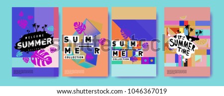 Summer holiday colorful poster set. Fashion and travel discount. Vector holiday Abstract colorful illustration with tropical and abstract elements.
