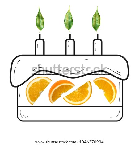 Fruit composition with fresh orange and cartoon cute doodle drawing cake with candles on white background. Creative minimalistic food concept.