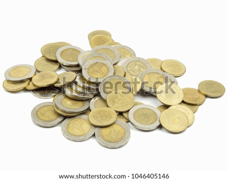 Coins of thialnd on white background or thai bath coins on white background.