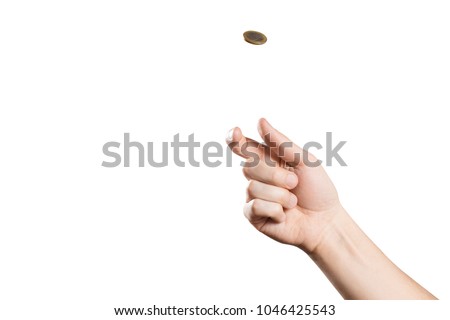 Hand throwing up a coin, isolated on white background Royalty-Free Stock Photo #1046425543