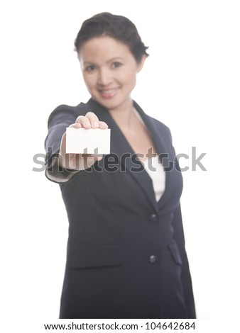 Business woman showing blank business card