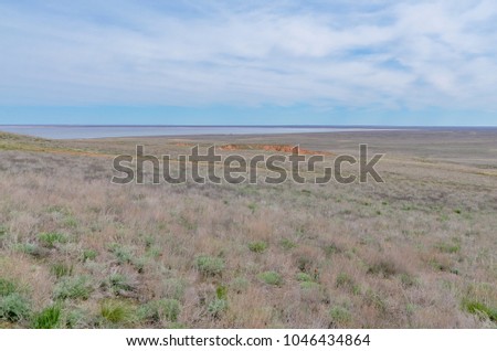 salt lake and sandstone outcrops in steppe near Big Bogdo mountain
Bogdo-Baskunchak nature reserve, Astrakhan region, Russia