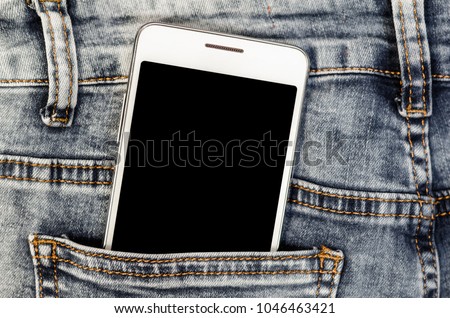 Close Up Smartphone in Jeans Back Pocket Bussines Fashion Stylish  Screen Copy Space White Mobile Denim Hipster  Royalty-Free Stock Photo #1046463421