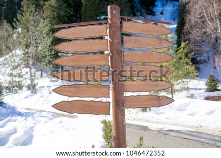 Signpost info blank wooden sign in the park in winter
