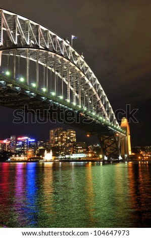 Sydney lights reflected in Sydney Harbor under the Sydney Harbor Bridge