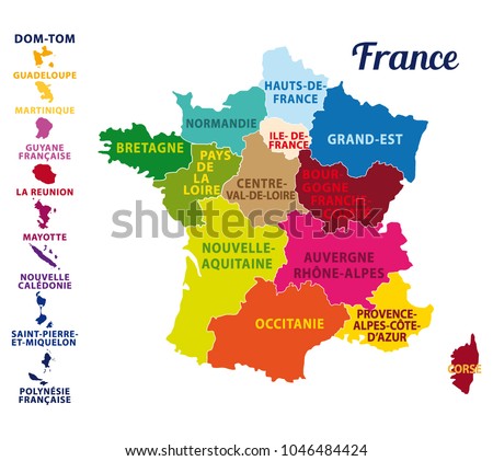 Colorful map of France with french islands and new regions. French names. Vector illustration.  Royalty-Free Stock Photo #1046484424