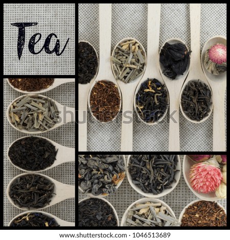 Collage of different varieties and types of tea in assortment. Square collage.