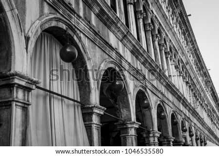 Architectural detail, black and white.
Old house detail in  Piazza San Marco, Venice, Italy.
 Royalty-Free Stock Photo #1046535580