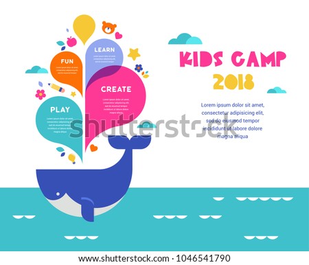 Children summer camp, poster with colorful splashes and whale. Summer activity poster for kids Royalty-Free Stock Photo #1046541790