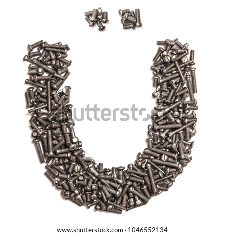 Letter U of building bolts, isolated on a white background. 