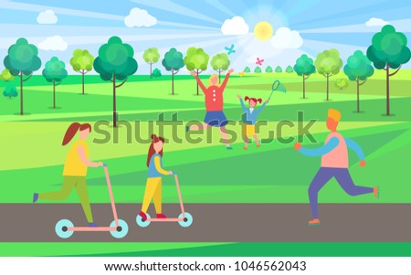 Mother and daughter riding pink kick scooters, man jogging and mom with kid catching butterflies vector illustration in green park with trees