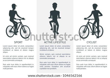 Sport active lifestyle and cyclist bright banner vector illustration with three black silhouettes of sportsmen's on bikes, text sample, helmet and cap