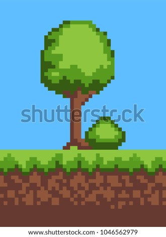 Tree and grass ground object, image with tree presented in pixel form, pixel and bush, clear sky and nature vector, illustration isolated on blue