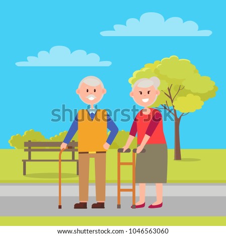 Grandfather and grandmother, elderly people with sticks walking at park together, bench and trees with sky and clouds, isolated on vector illustration