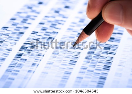 Scientist analyzes DNA gel used in genetics, forensics, drug discovery, biology and medicine. Royalty-Free Stock Photo #1046584543