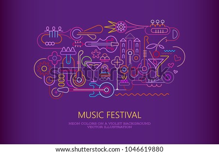Neon colors on a dark violet background Music and Cocktail Party vector illustration.