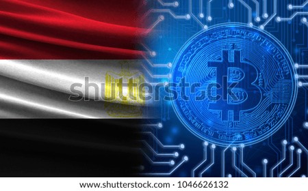 Flag of Egypt against the background of a cryptogram with a bitcoin