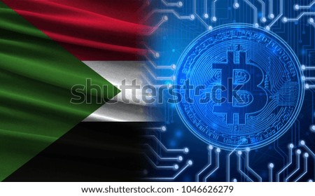 Flag of Sudan against the background of a cryptogram with a bitcoin