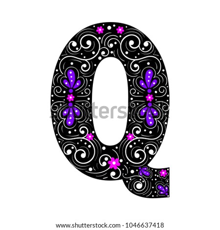 
The letter Q. Colorful floral alphabet. Elegant patterns on the background of a black letter.
