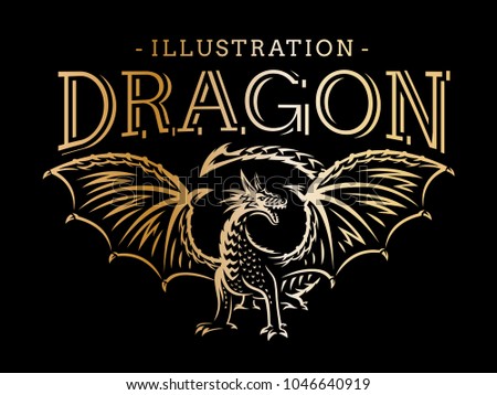 Gold vector Dragon illustration, print, emblem design on a black background.