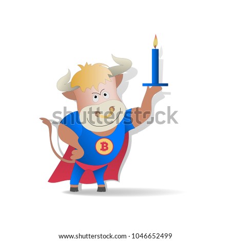 Cartoon bull with a candle. Trader.  Cryptography, illustration of financial technologies, strategy of the game on the exchange crypto-currency.
