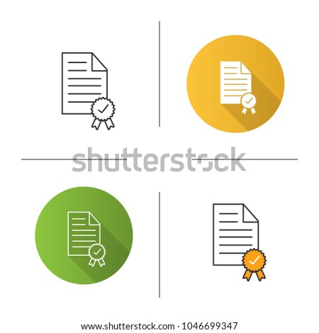 Certificate icon. Flat design, linear and color styles. Document with seal and ribbon. Isolated vector illustrations
