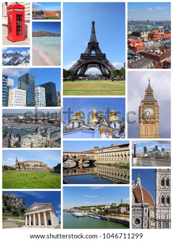 Europe landmarks collage - tourism attractions montage including Paris, Florence, Rome, London, Barcelona, Kiev, Warsaw, Serbia and Greece.