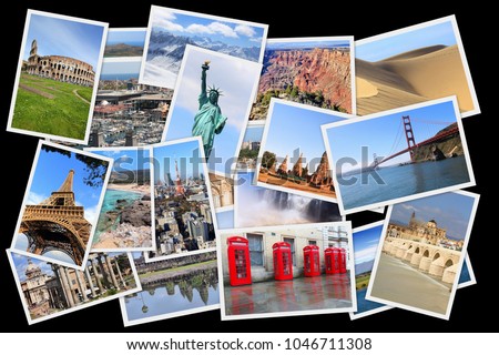 World landmarks collage - photo stack of United States, France, England, Spain, Brazil, New Zealand, Japan, Thailand and Cambodia.