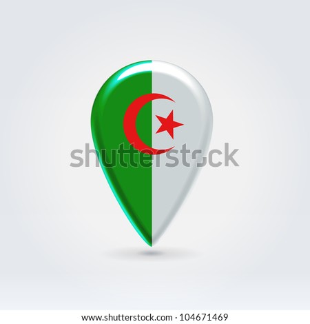 Glossy colorful Algeria map application point label symbol hanging over enlightened background