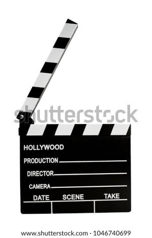 Film industry and directing a movie concept with a clapboard isolated on white with a clipping path cutout, in cinematography a clapper is used to synchronize the image with the sound
