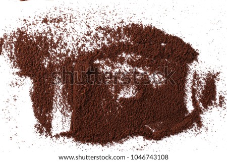 Pile of powdered, instant coffee for espresso isolated on white background, top view