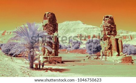 The Colossi of Memnon in Luxor Egypt. By Infrared Photography