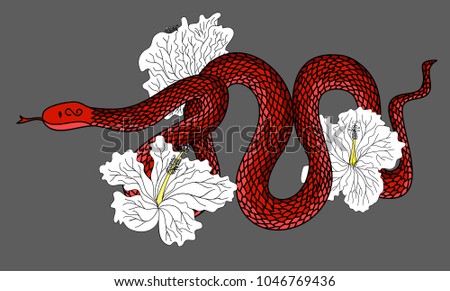 Red snake vector with hibiscus flower and iris flower isolate.Snake tattoo design.