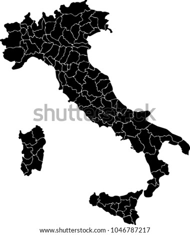 Vector map of Italy and states. Black mask. Isolated, white background. 