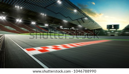 Evening scene asphalt international race track with starting or  Royalty-Free Stock Photo #1046788990